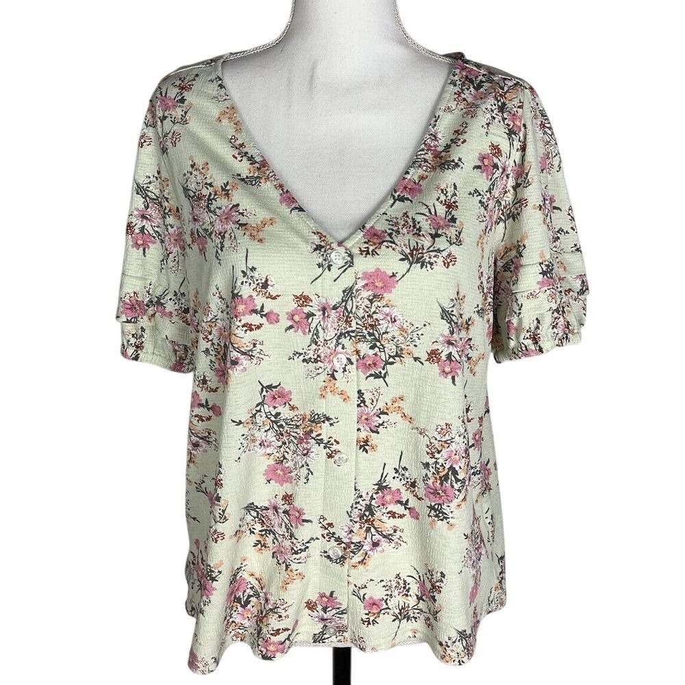 Melloday Floral Short Tiered Sleeve V-Neck Button Up Top Blouse Women's‎ Size L